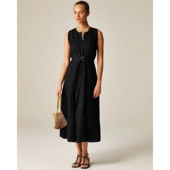 NWT!! J. CREW Seamed Linen Dress Removable Belt Solid Black Retro Preppy Large - Picture 1 of 15